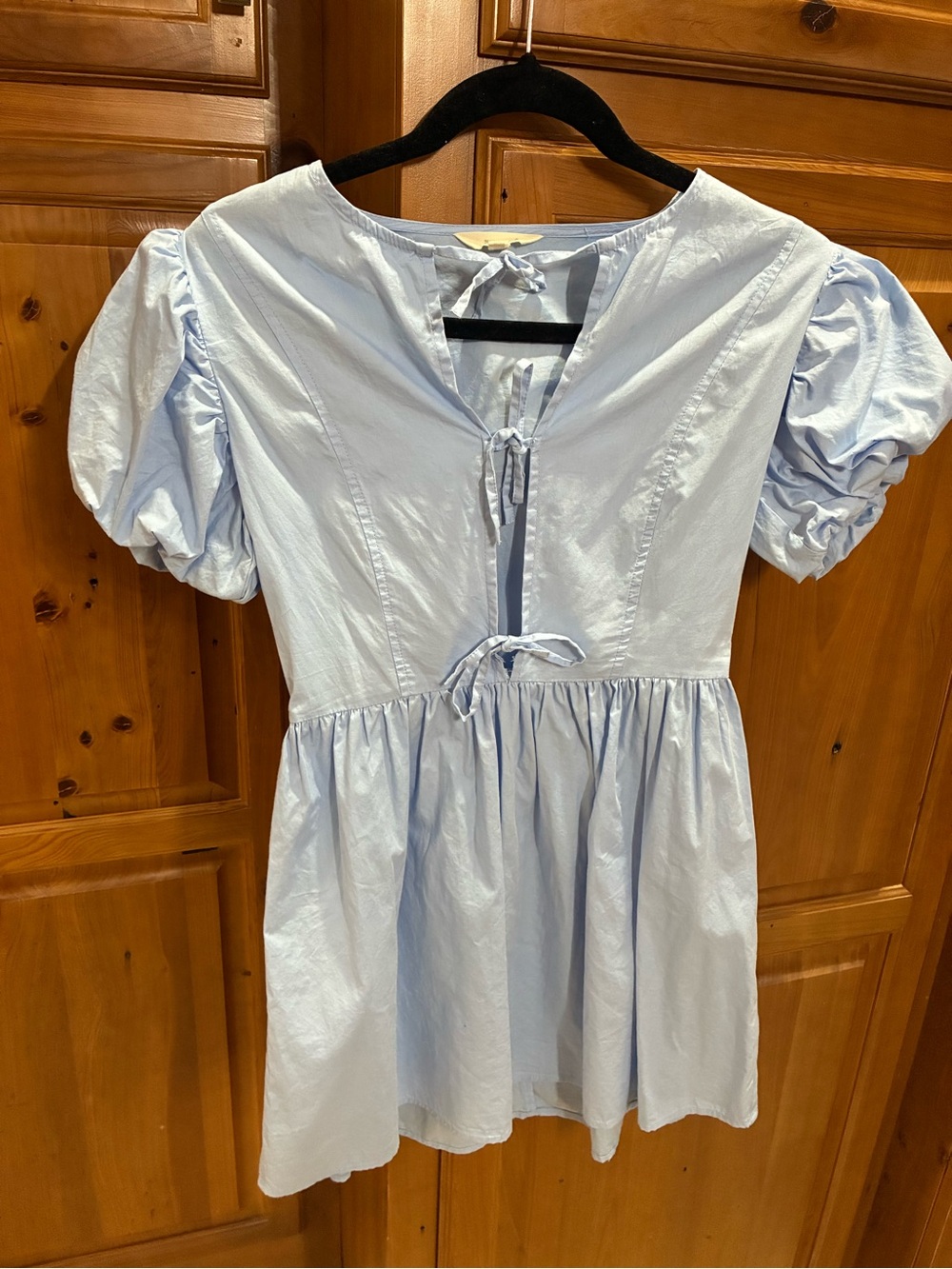 Light Blue Puff-Sleeve Mini Dress with Tie Front